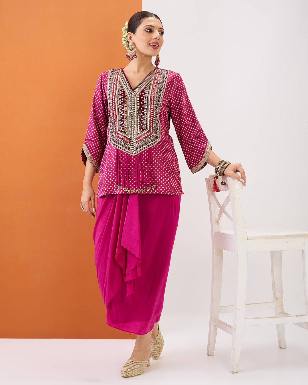 MAGENTA PINK BANDHANI SHORT TOP & DRAPED SKIRT SET