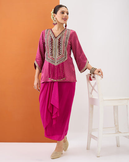 MAGENTA PINK BANDHANI SHORT TOP & DRAPED SKIRT SET