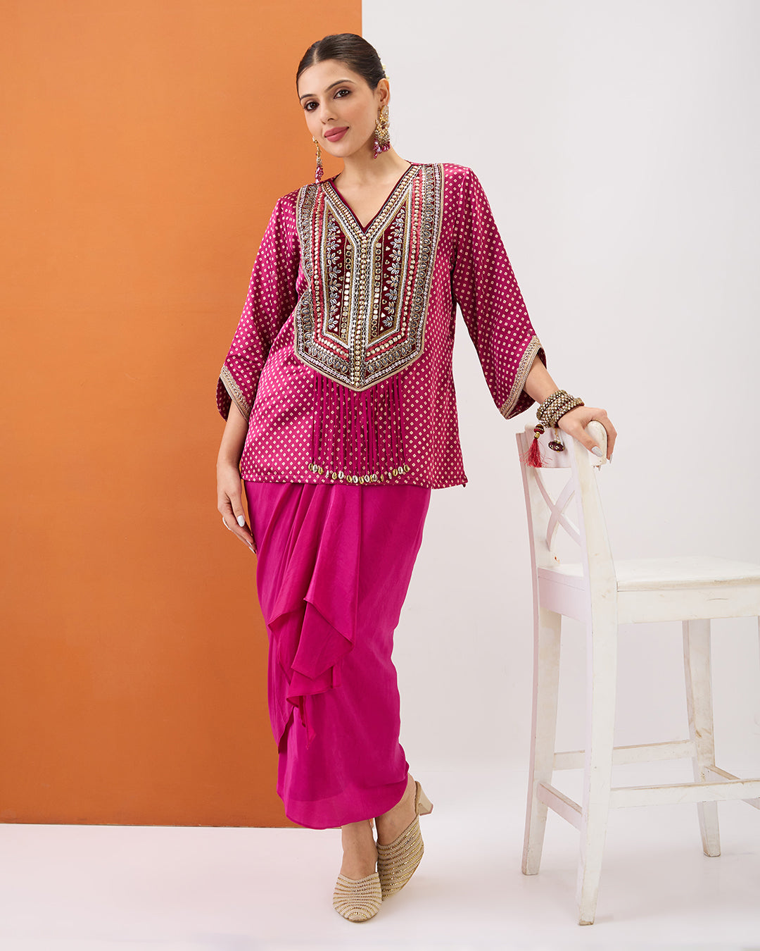 MAGENTA PINK BANDHANI SHORT TOP & DRAPED SKIRT SET