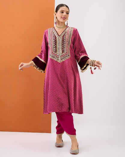 MAGENTA PINK BANDHANI KURTA & DHOTI PANT SET