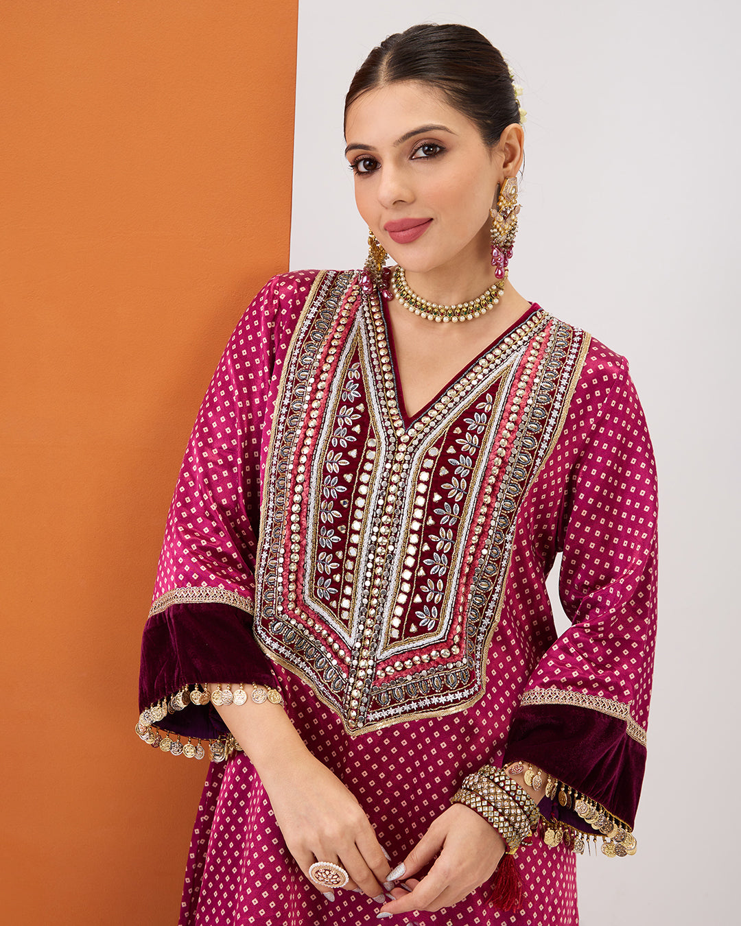 MAGENTA PINK BANDHANI KURTA & DHOTI PANT SET