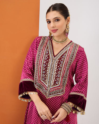 MAGENTA PINK BANDHANI KURTA & DHOTI PANT SET