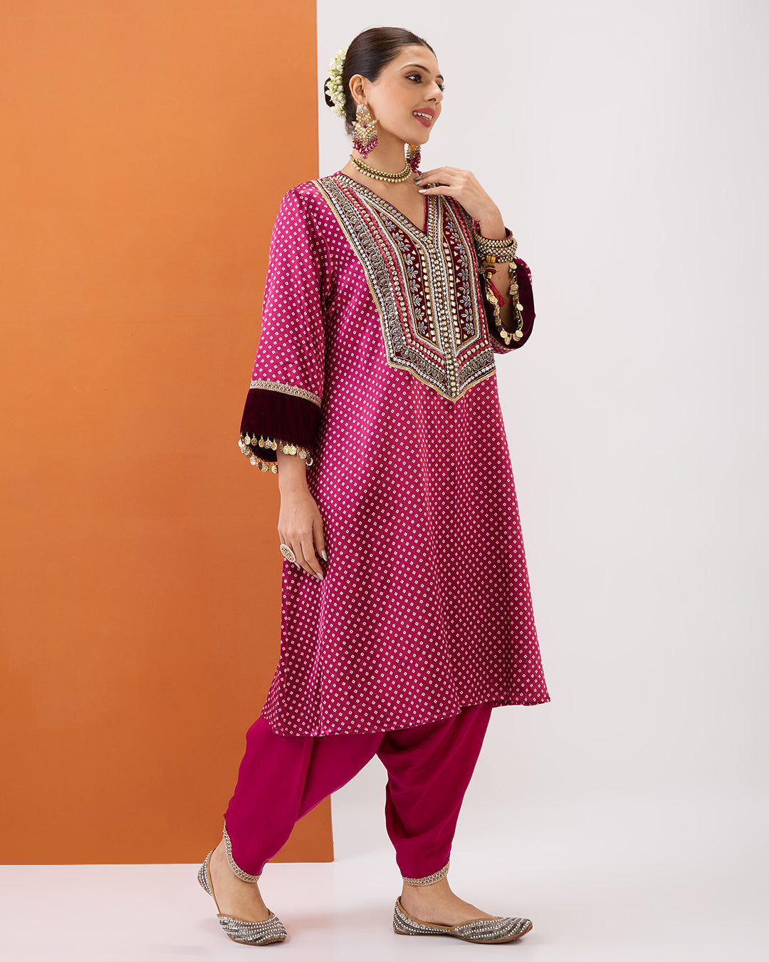 MAGENTA PINK BANDHANI KURTA & DHOTI PANT SET