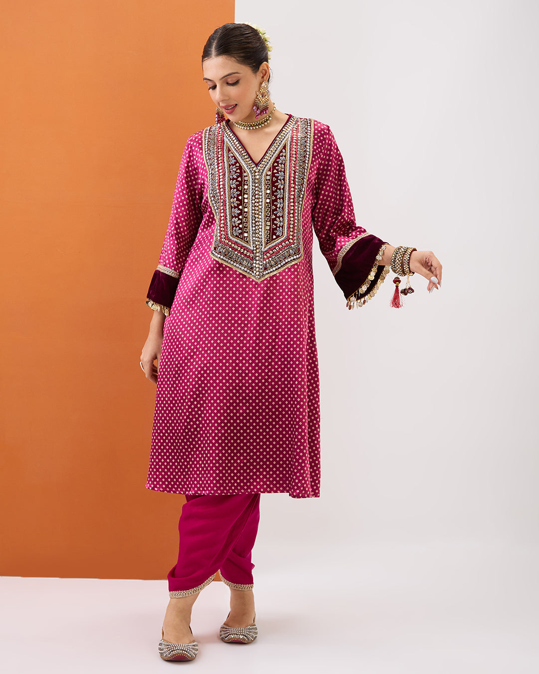 MAGENTA PINK BANDHANI KURTA & DHOTI PANT SET
