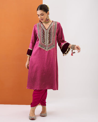 MAGENTA PINK BANDHANI KURTA & DHOTI PANT SET