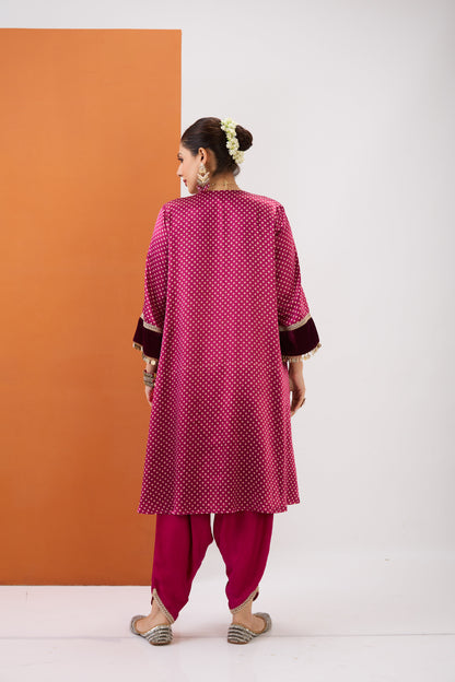 MAGENTA PINK BANDHANI KURTA & DHOTI PANT SET