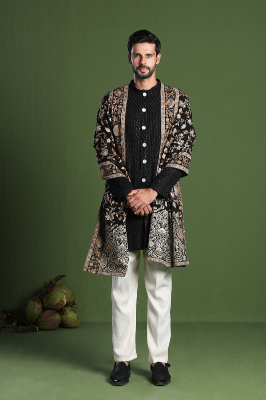 RAJAS BLACK FRONT OPEN KURTA SET WITH HEAVY EMBROIDERED DUPATTA