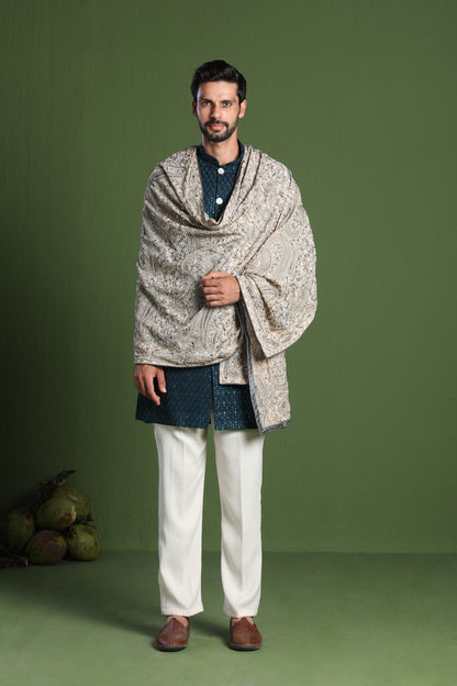 AKSHAY TEAL FRONT OPEN KURTA SET WITH HEAVY EMBROIDERED DUPATTA