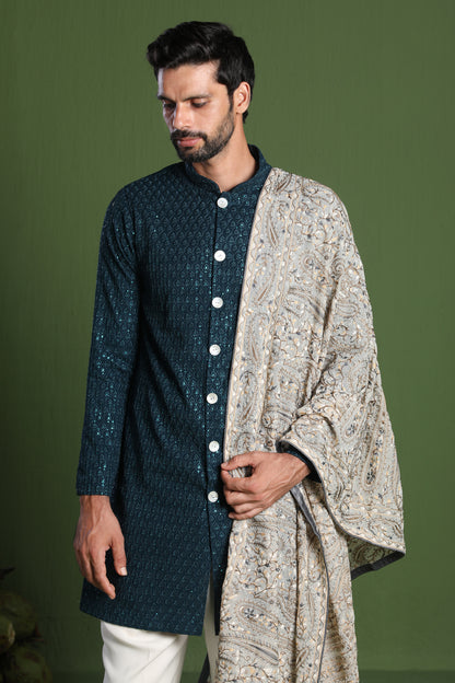 AKSHAY TEAL FRONT OPEN KURTA SET WITH HEAVY EMBROIDERED DUPATTA