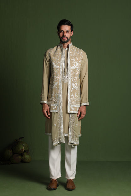 SIDDHARTH MEHANDI KURTA SET WITH JACKET AND DUPATTA
