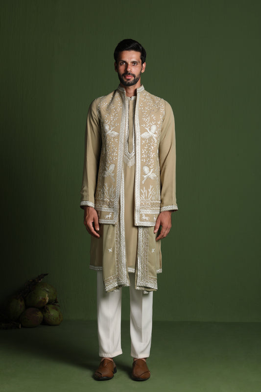 SIDDHARTH MEHANDI KURTA SET WITH JACKET AND DUPATTA