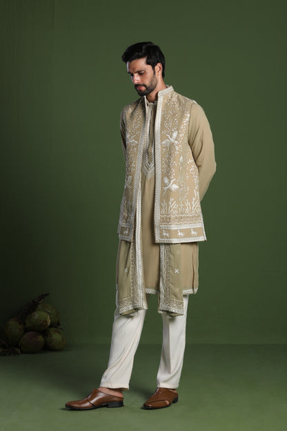 SIDDHARTH MEHANDI KURTA SET WITH JACKET AND DUPATTA