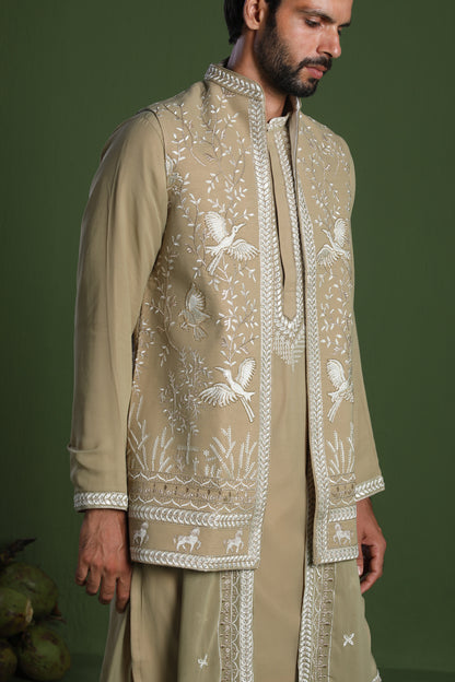 SIDDHARTH MEHANDI KURTA SET WITH JACKET AND DUPATTA