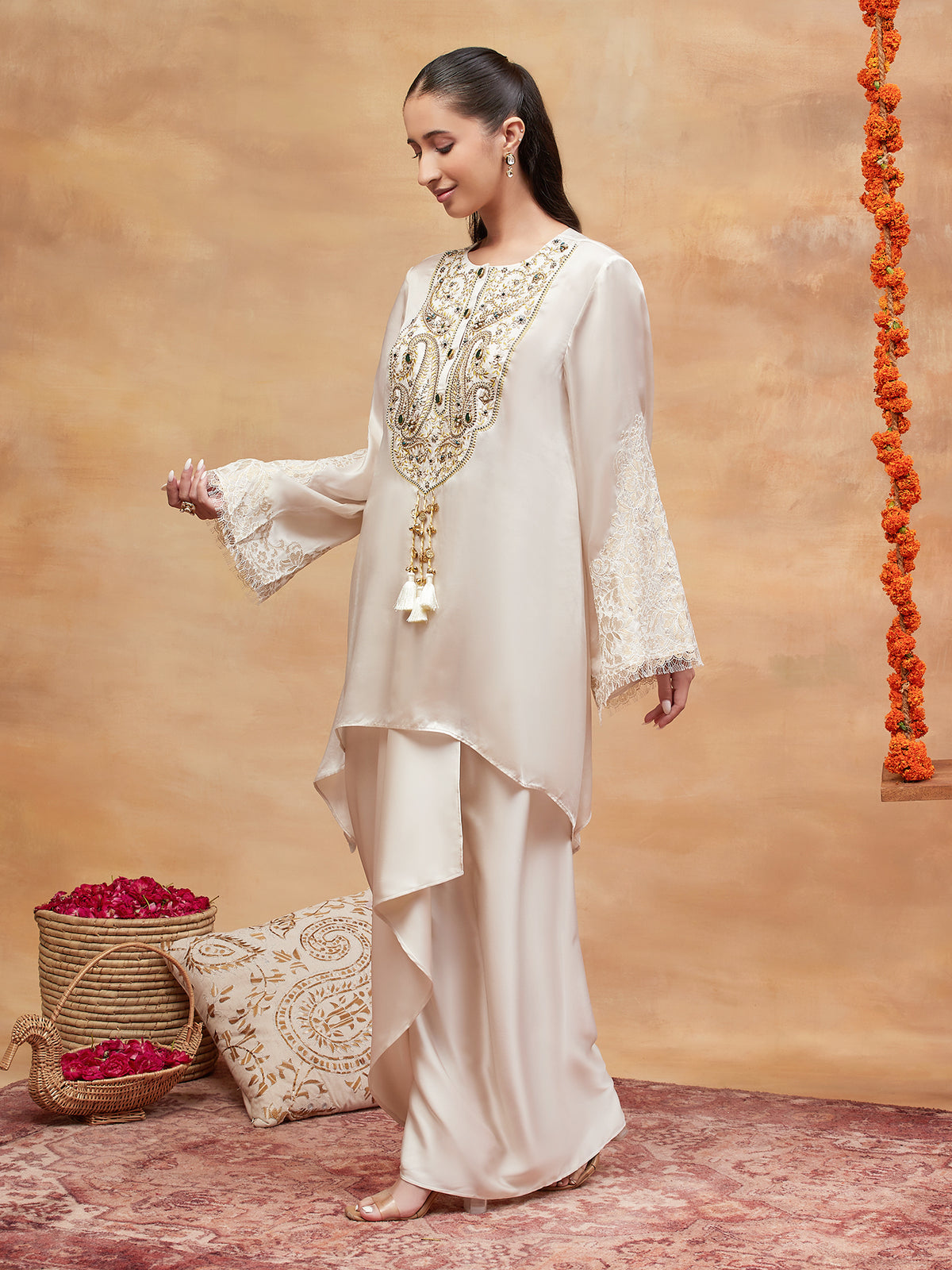 PANCHGANGA IVORY HAND EMBROIDERED BANARASI SKIRT SET