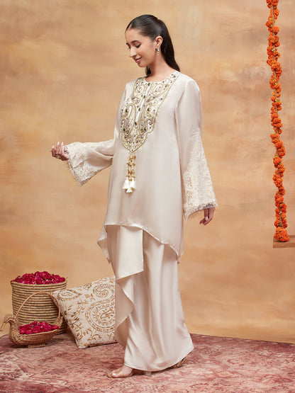 PANCHGANGA IVORY HAND EMBROIDERED BANARASI SKIRT SET