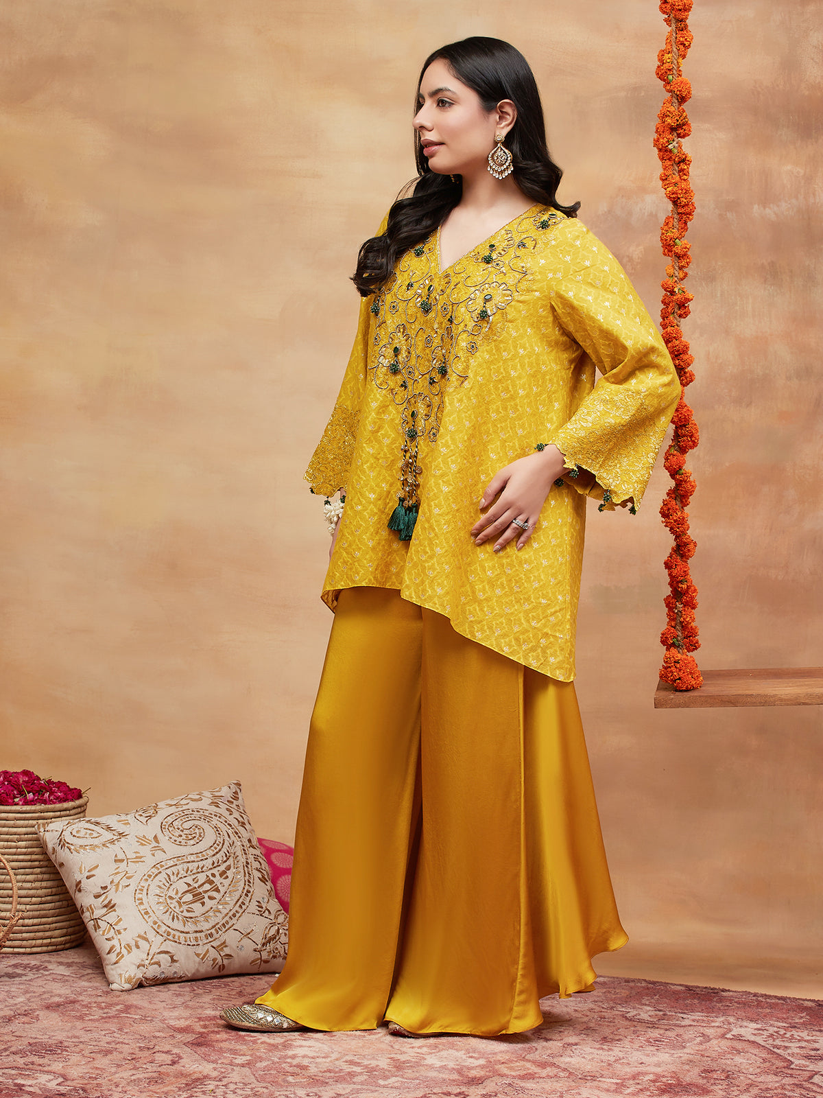 MANSAROVAR GENDA HAND EMBROIDERED BANARASI FLARED PANT SET