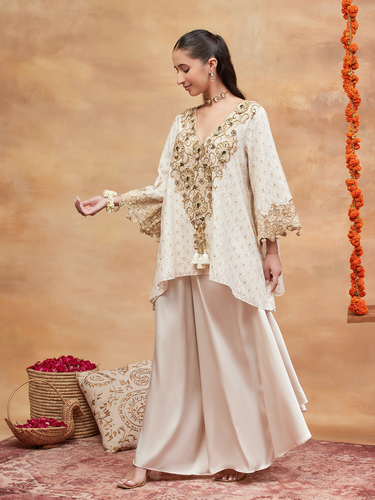 MANSAROVAR IVORY HAND EMBROIDERED BANARASI FLARED PANT SET