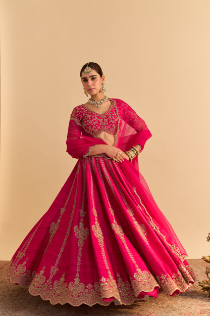 NAAZILA - DABKA ZARDOZI EMBROIDERED RAW SILK HOTPINK LEHENGA SET