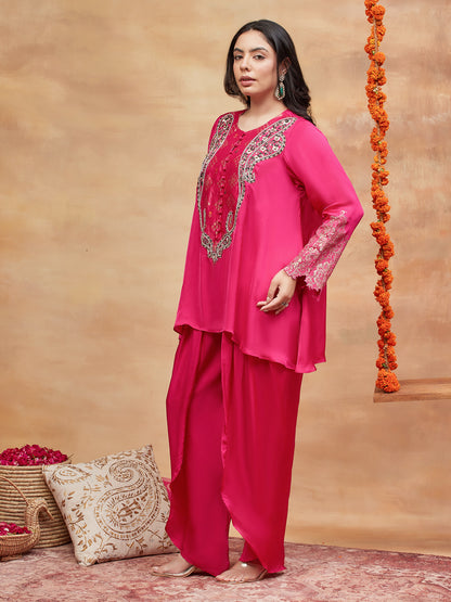 REWA GULABI HAND EMBROIDERED BANARASI DHOTI SET