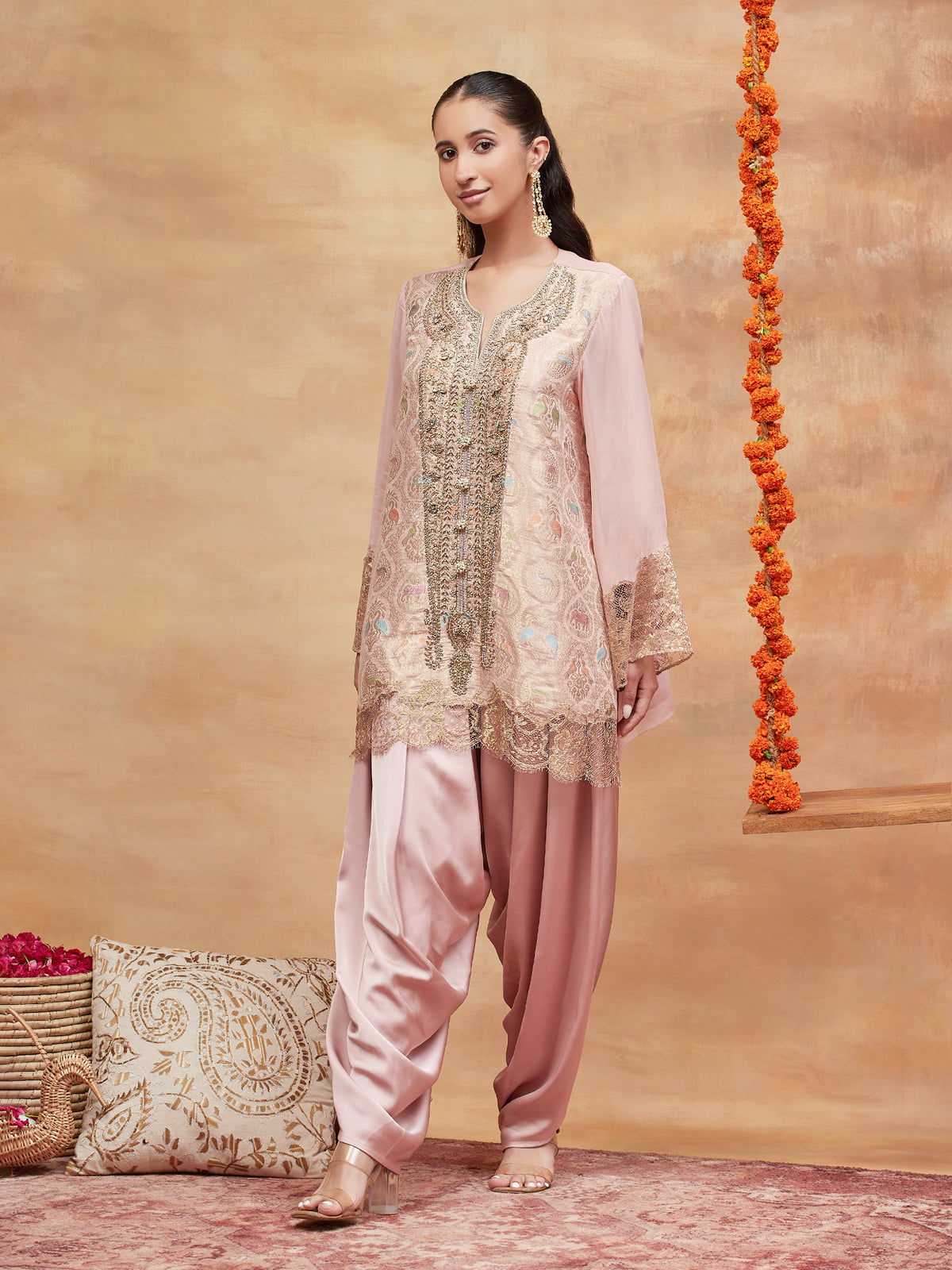 AHILYA GULAB HAND EMBROIDERED BANARASI DHOTI SET