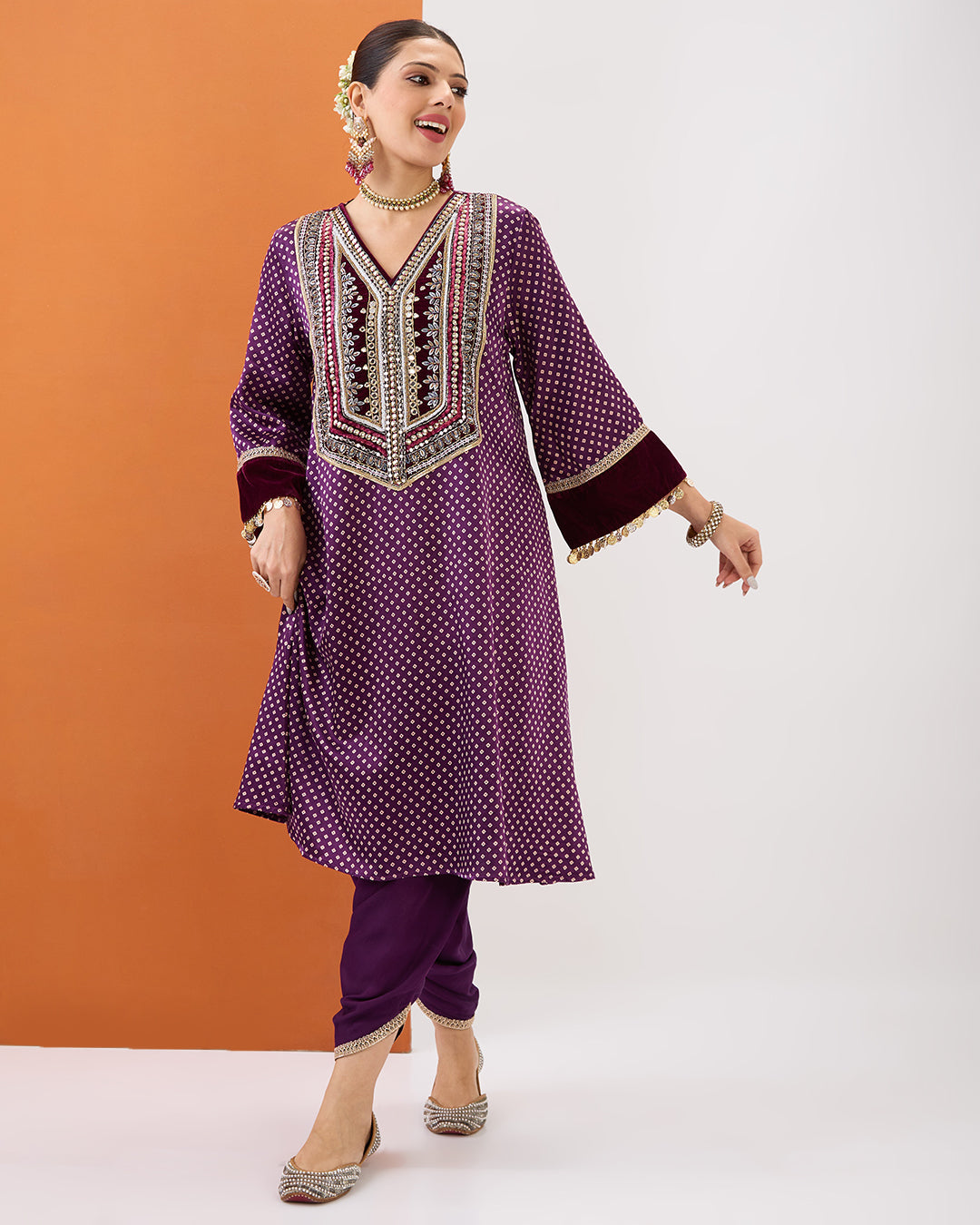 PURPLE WINE BANDHANI KURTA & DHOTI PANT SET