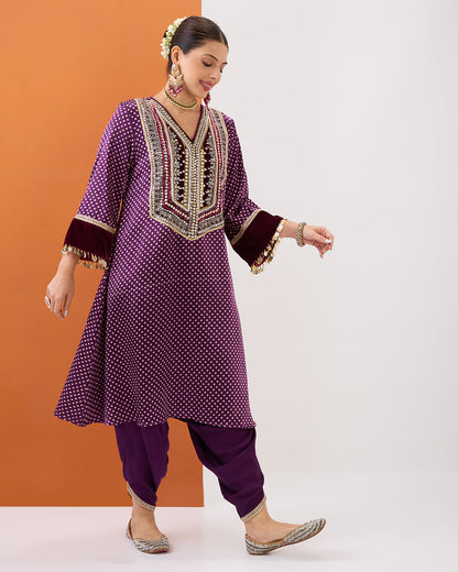 PURPLE WINE BANDHANI KURTA & DHOTI PANT SET