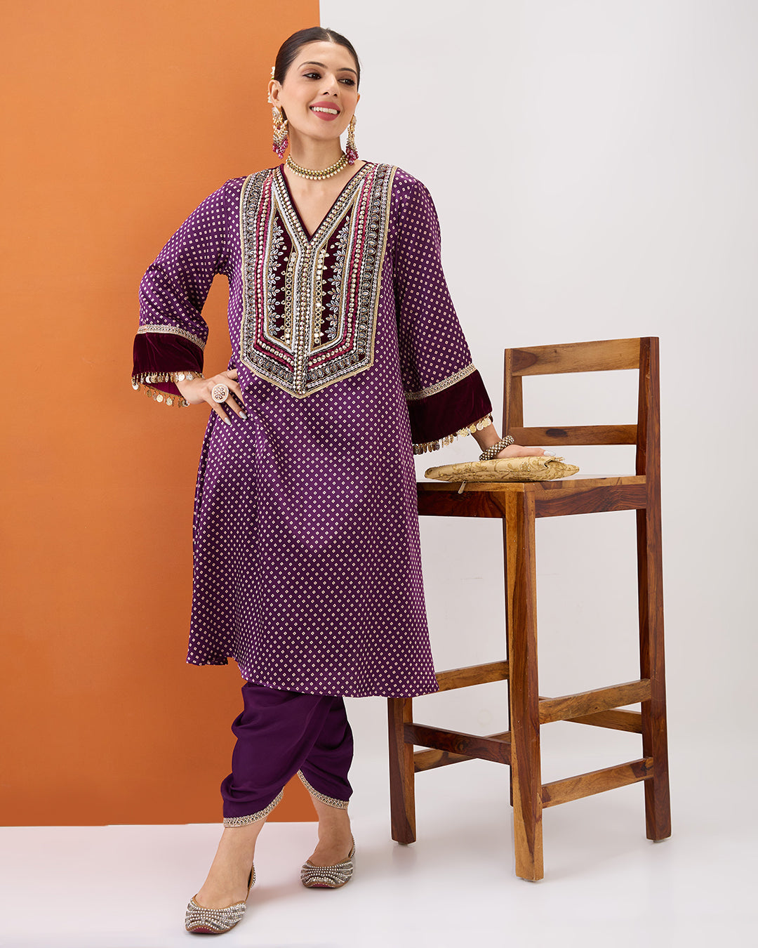 PURPLE WINE BANDHANI KURTA & DHOTI PANT SET