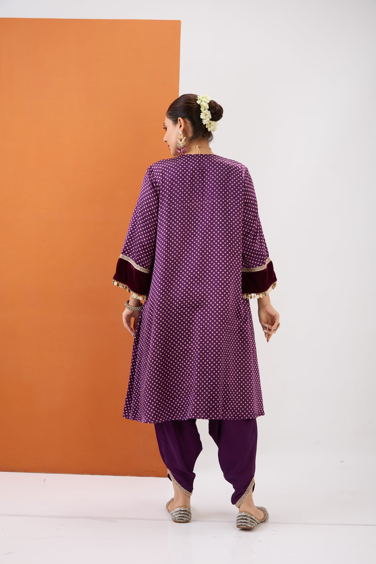 PURPLE WINE BANDHANI KURTA & DHOTI PANT SET