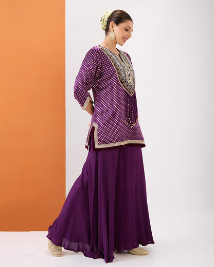 PURPLE WINE BANDHANI SHORT KURTA & SHARARA SET