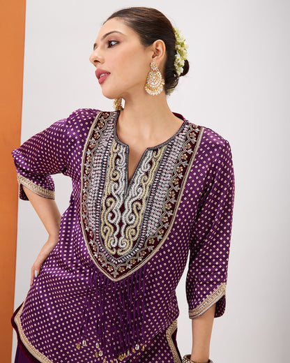 PURPLE WINE BANDHANI SHORT KURTA & SHARARA SET
