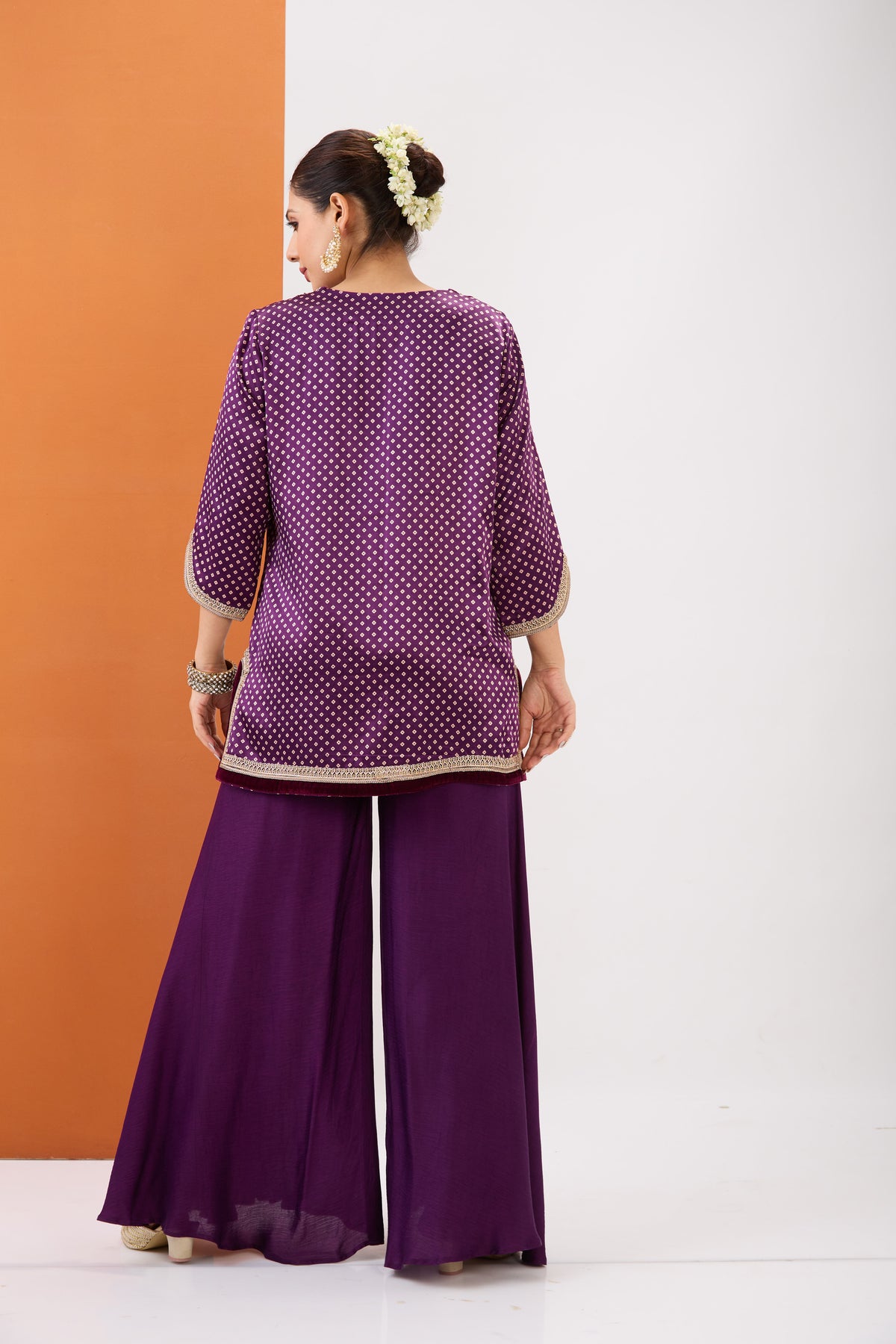 PURPLE WINE BANDHANI SHORT KURTA & SHARARA SET