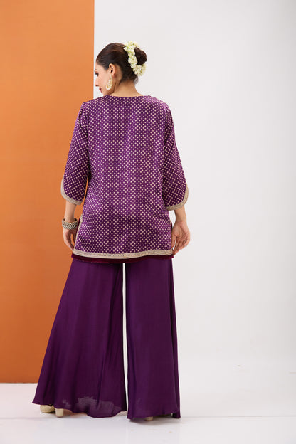 PURPLE WINE BANDHANI SHORT KURTA & SHARARA SET