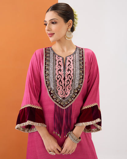 ROSE PINK EMBROIDERED KURTA WITH VELVET DETAILING & DHOTI PANT SET