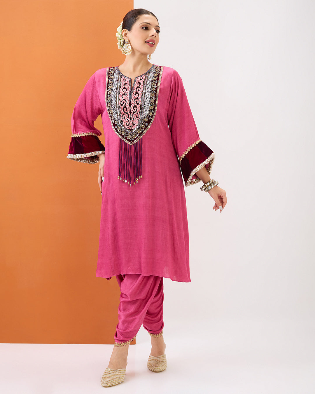 ROSE PINK EMBROIDERED KURTA WITH VELVET DETAILING & DHOTI PANT SET