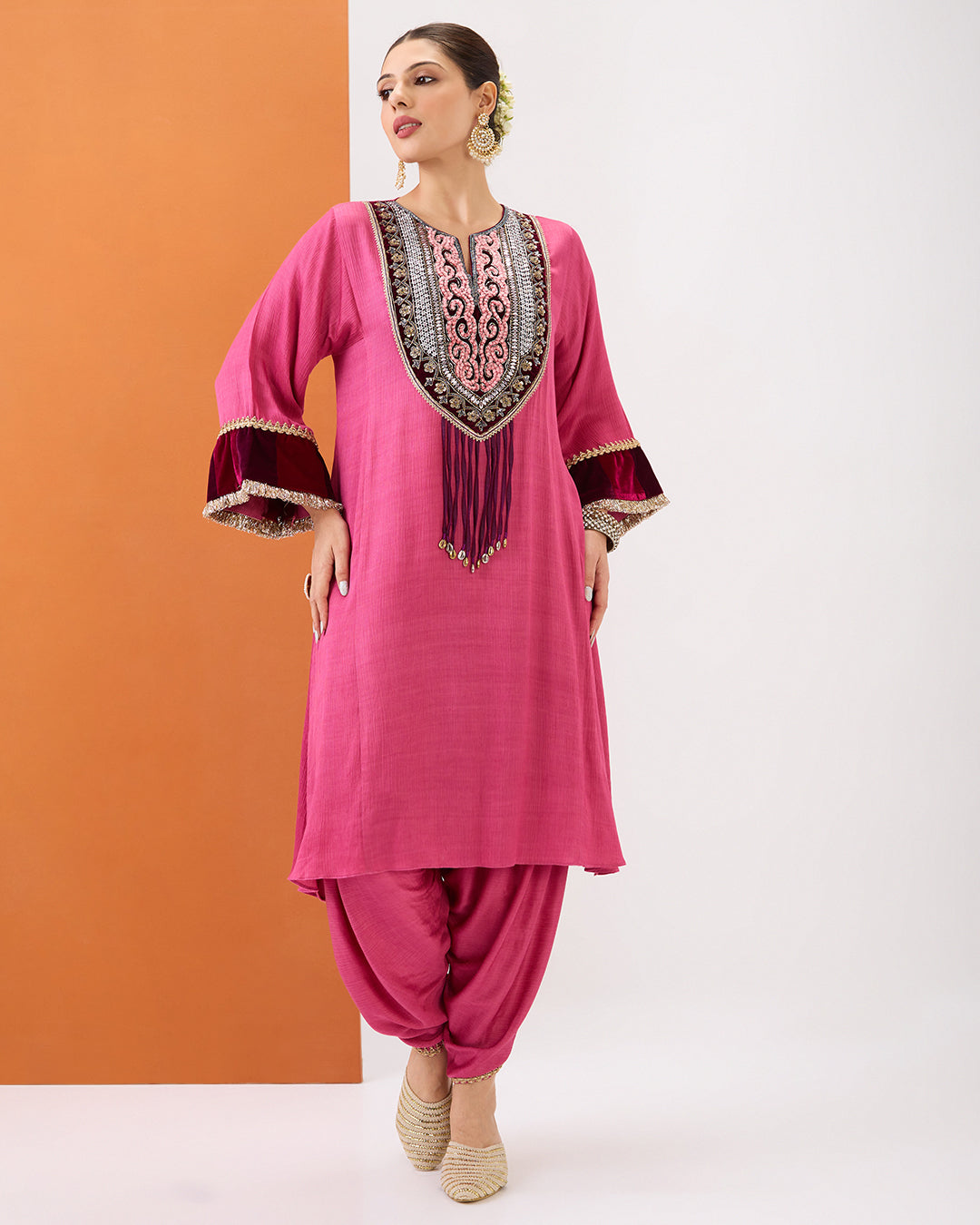 ROSE PINK EMBROIDERED KURTA WITH VELVET DETAILING & DHOTI PANT SET