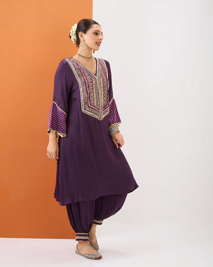 PURPLE KURTA WITH BANDHANI DETAILING & GATHERED PANT SET