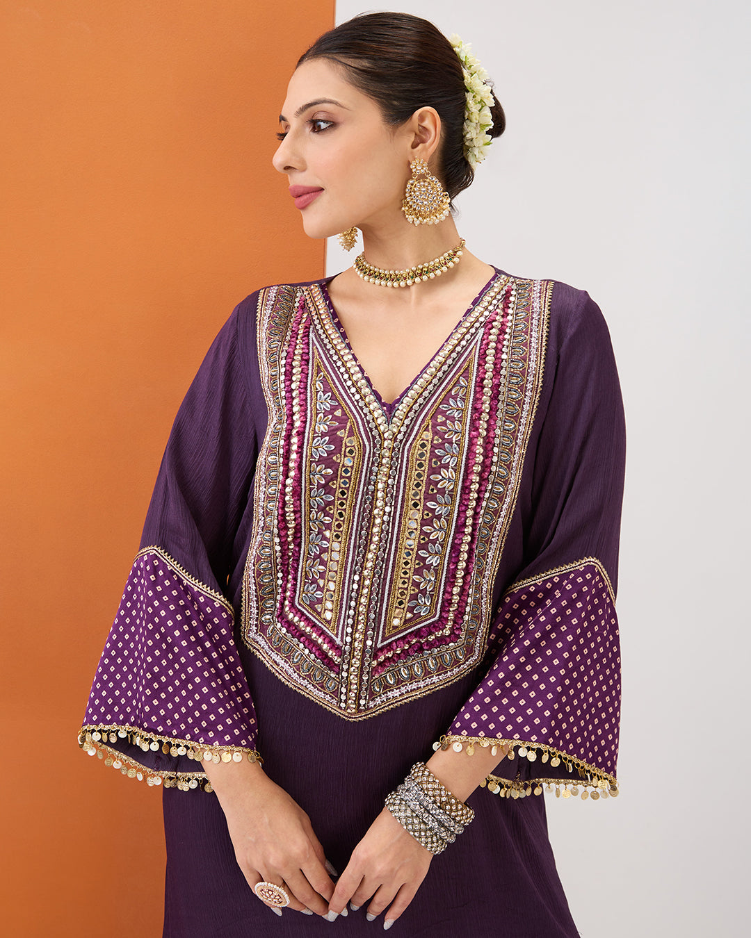 PURPLE KURTA WITH BANDHANI DETAILING & GATHERED PANT SET