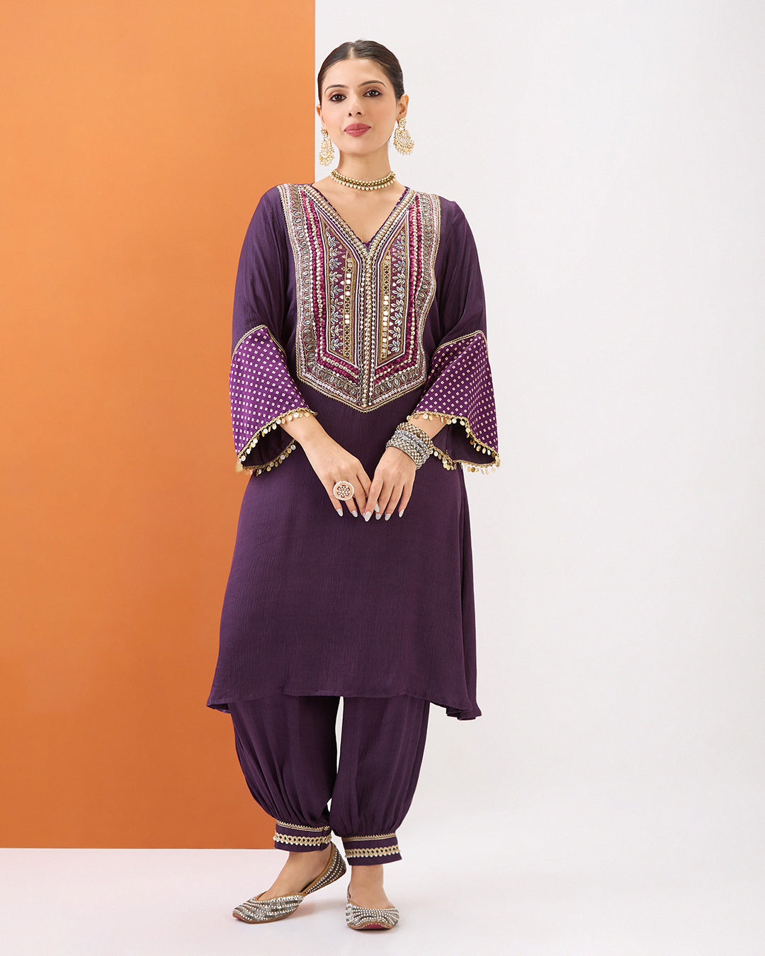 PURPLE KURTA WITH BANDHANI DETAILING & GATHERED PANT SET