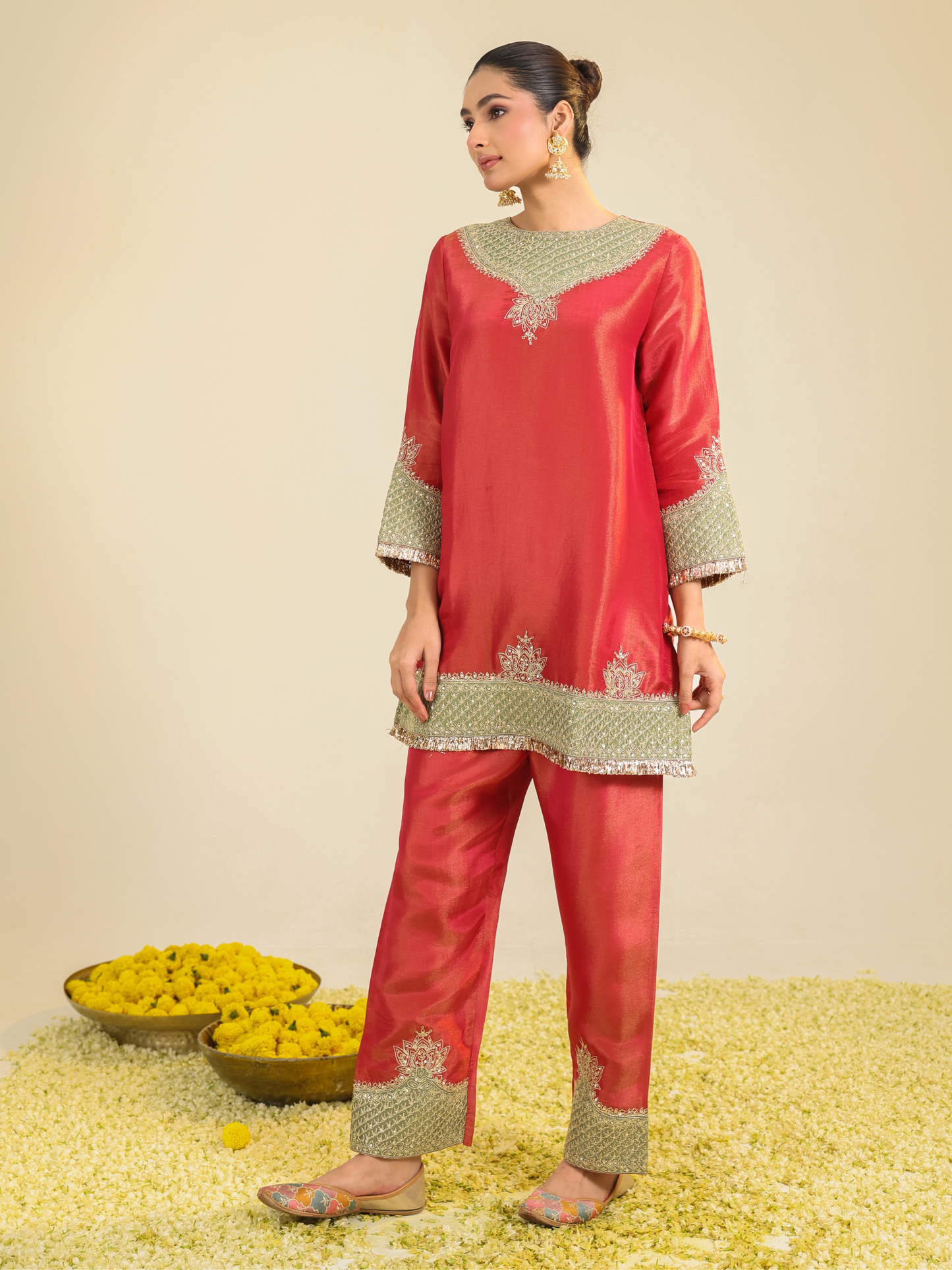 RED DIVINE TISSUE KURTA SET