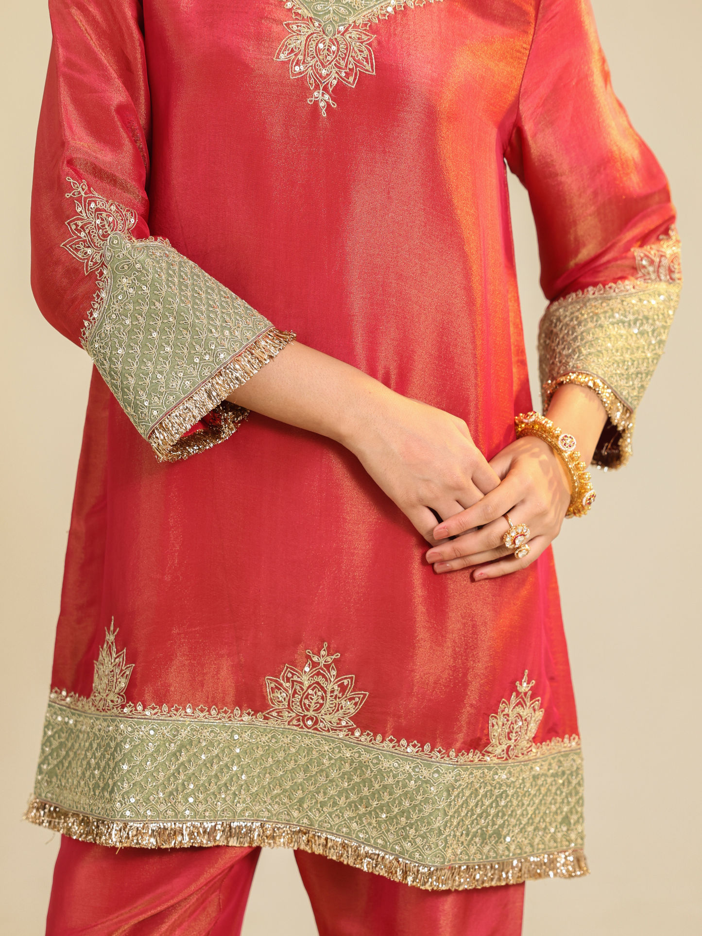 RED DIVINE TISSUE KURTA SET