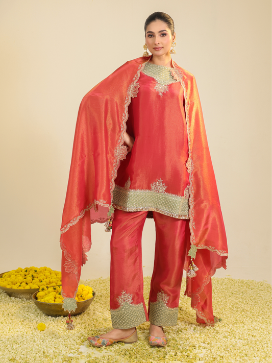 RED DIVINE TISSUE KURTA SET