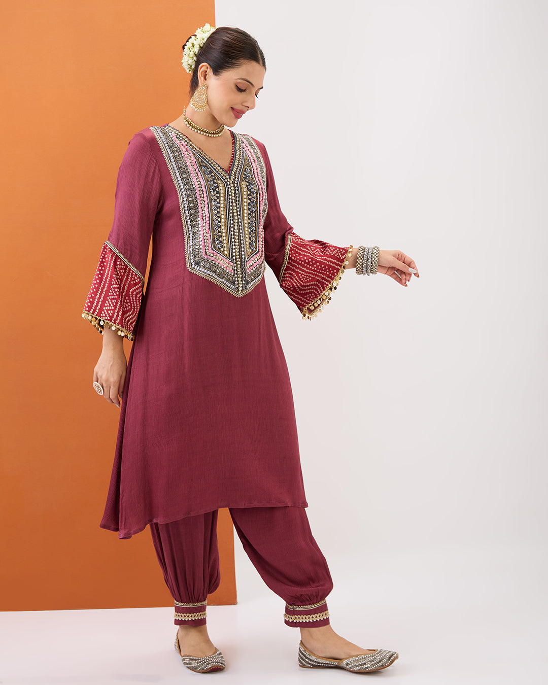 PASTEL MAROON KURTA WITH BANDHANI DETAILING & GATHERED PANT SET