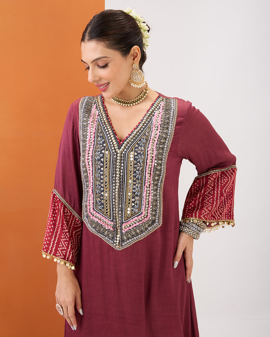 PASTEL MAROON KURTA WITH BANDHANI DETAILING & GATHERED PANT SET