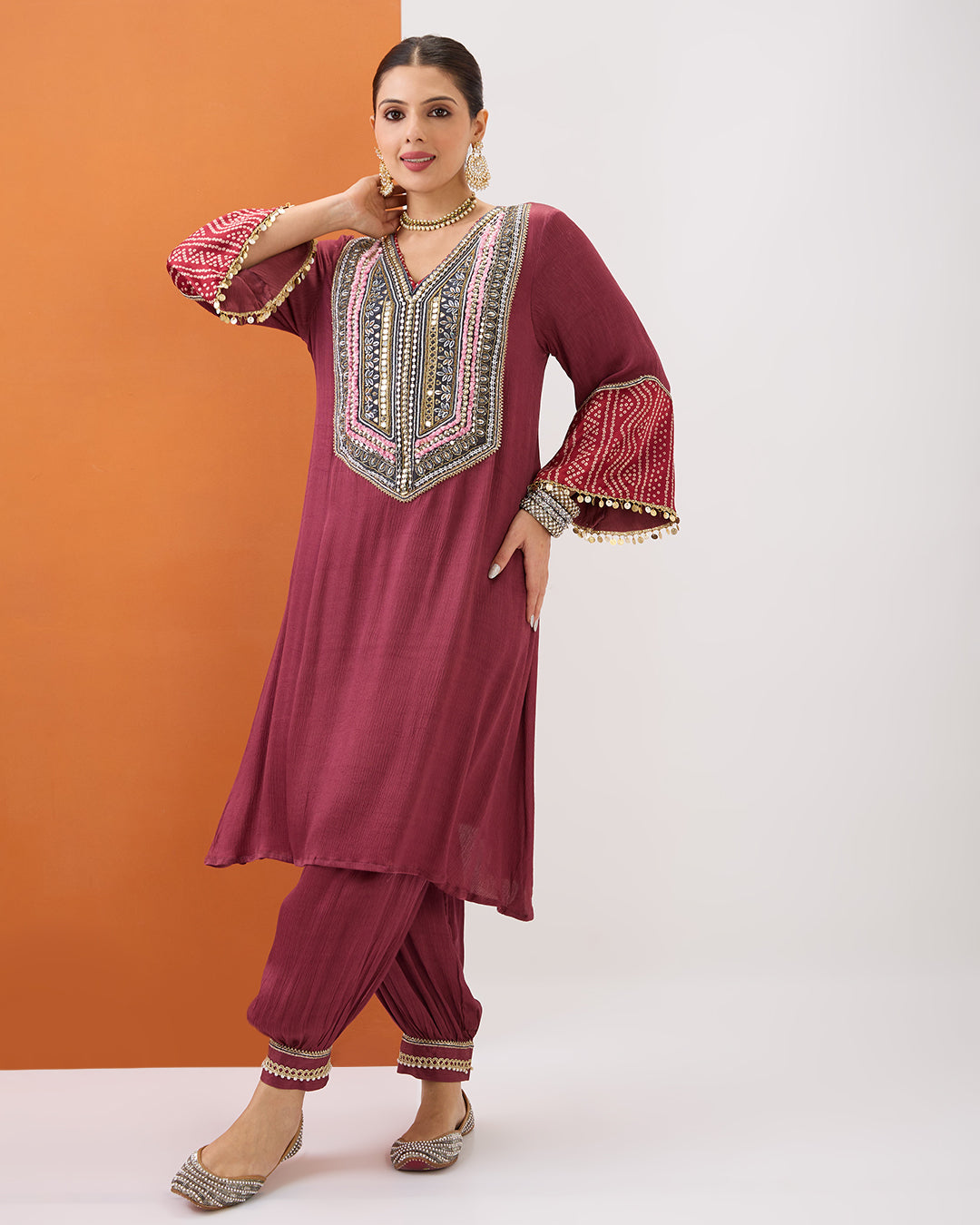 PASTEL MAROON KURTA WITH BANDHANI DETAILING & GATHERED PANT SET
