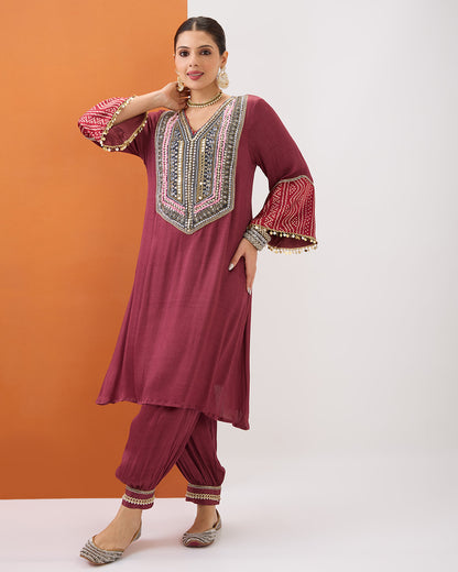 PASTEL MAROON KURTA WITH BANDHANI DETAILING & GATHERED PANT SET