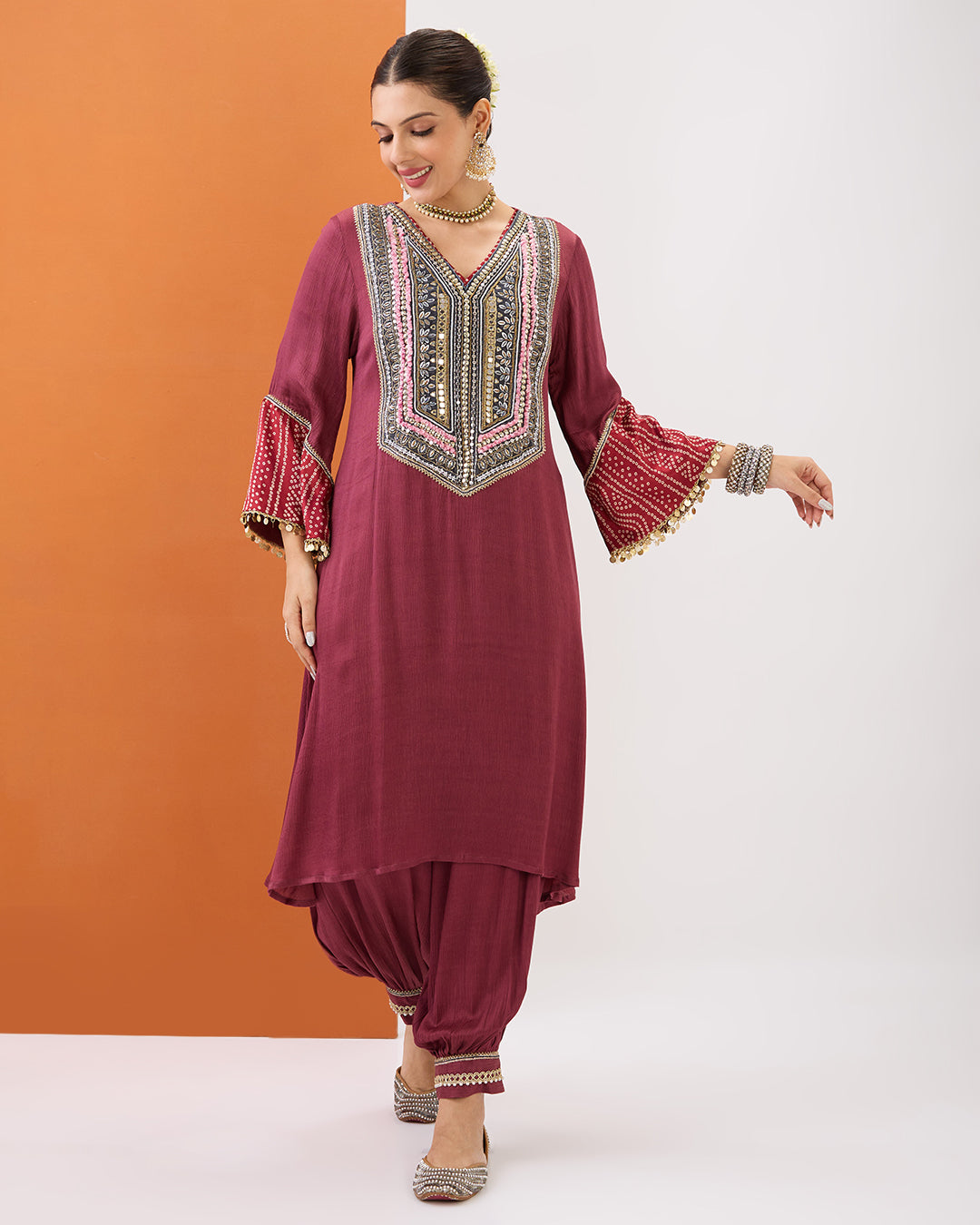 PASTEL MAROON KURTA WITH BANDHANI DETAILING & GATHERED PANT SET