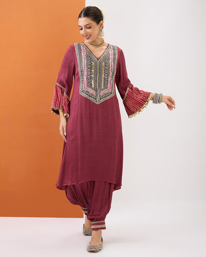 PASTEL MAROON KURTA WITH BANDHANI DETAILING & GATHERED PANT SET