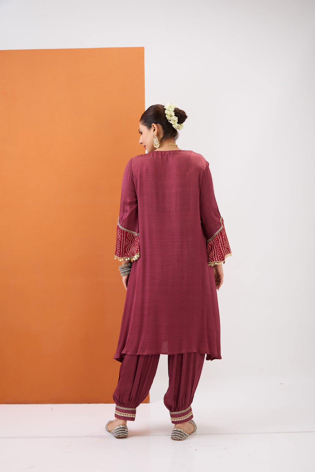PASTEL MAROON KURTA WITH BANDHANI DETAILING & GATHERED PANT SET