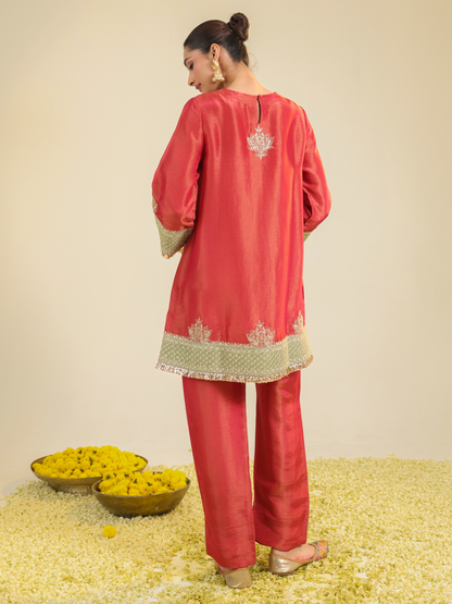 RED DIVINE TISSUE KURTA SET