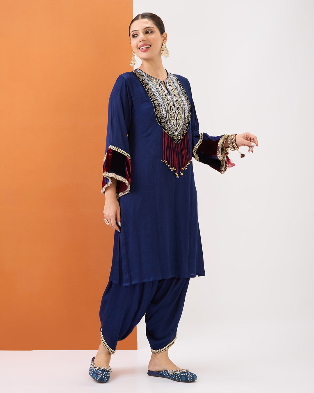 NAVY BLUE EMBROIDERED KURTA WITH VELVET DETAILING & DHOTI PANT SET